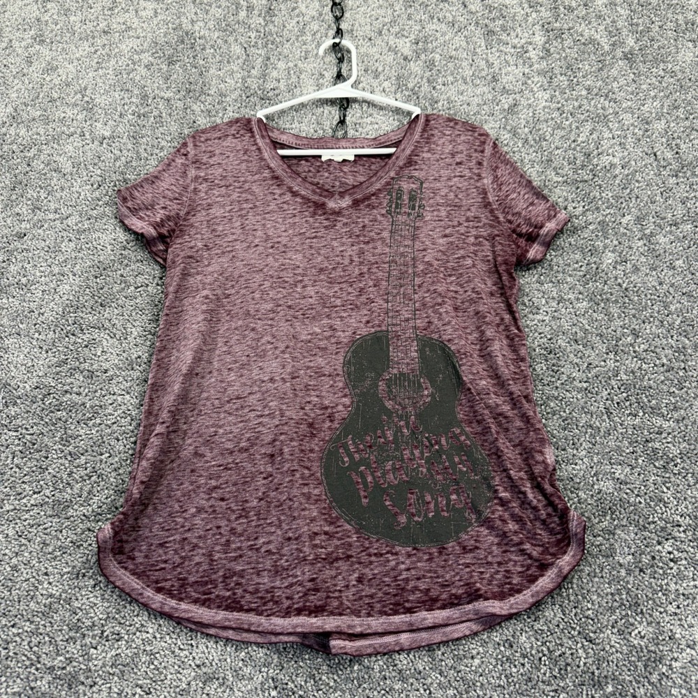Maurices T Shirt Womens M Burgundy Burnout Guitar Graphic Short Sleeve Tee